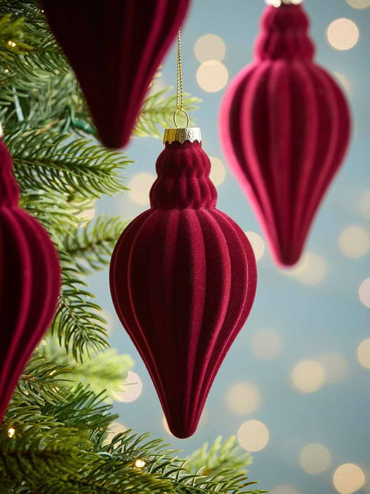 Four Flocked Finial Glass Baubles - Berry Red