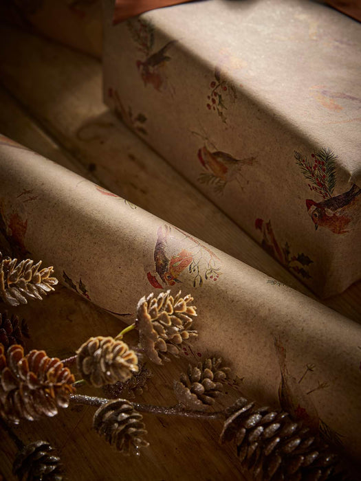 Festive Robins Grass Fibre Wrapping Paper - 5m