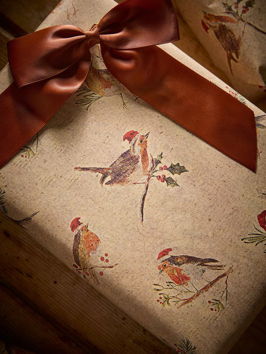 Festive Robins Grass Fibre Wrapping Paper - 5m