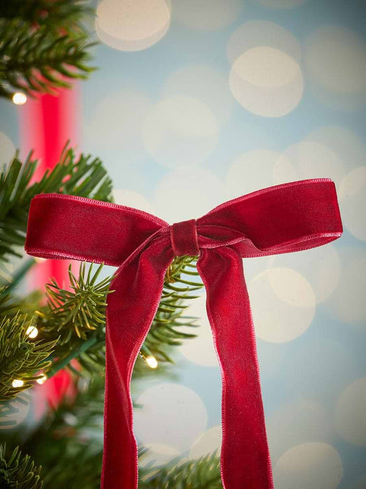 Twelve Long Slim Velvet Tree Bows - Berry Red