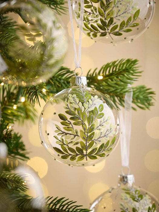 Six Luxury Leaf Print Glass Baubles