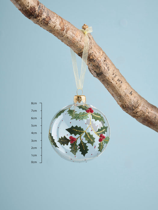 Six Glittered Holly & Berry Glass Baubles