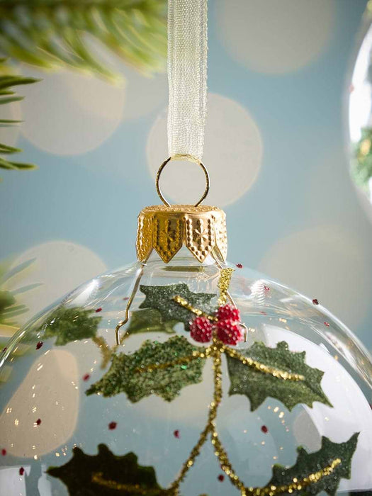 Six Glittered Holly & Berry Glass Baubles