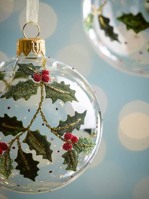 Six Glittered Holly & Berry Glass Baubles