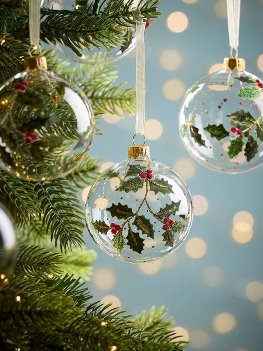 Six Glittered Holly & Berry Glass Baubles