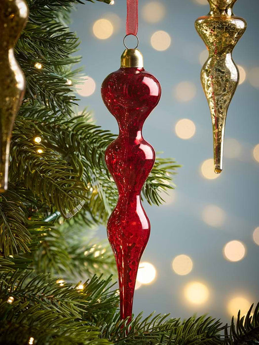 Six Antiqued Glass Finial Baubles- RedGold