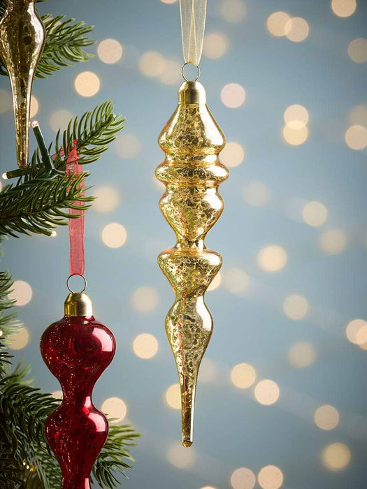 Six Antiqued Glass Finial Baubles- RedGold