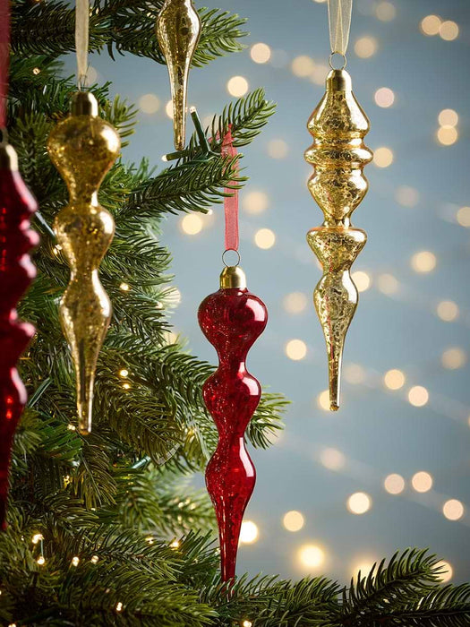 Six Antiqued Glass Finial Baubles- RedGold