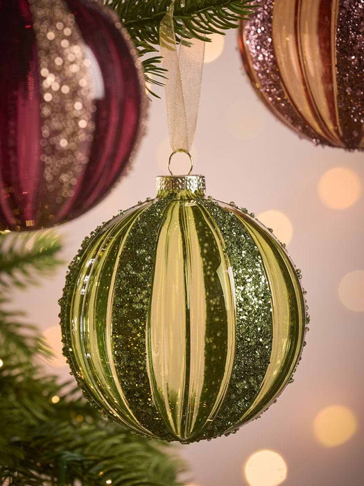 Three Glitter Stripe Glass Baubles - large