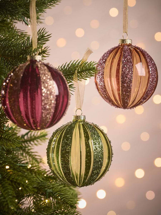 Three Glitter Stripe Glass Baubles - large