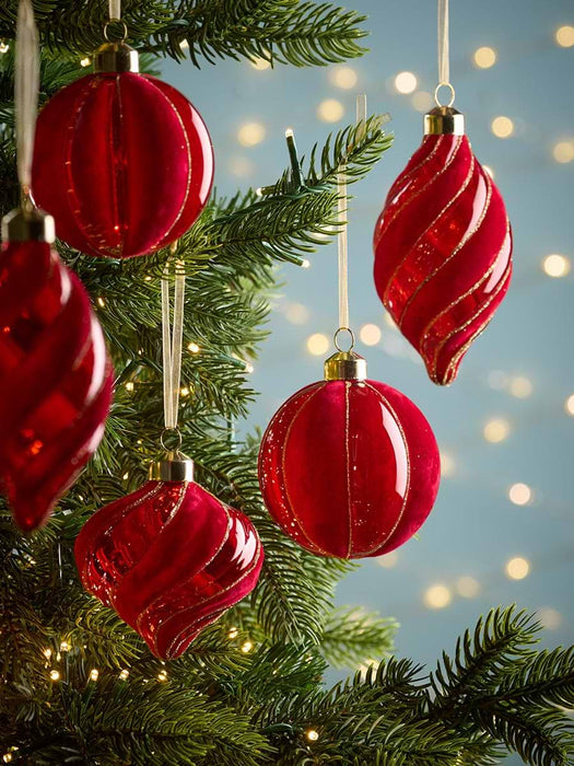 Six Swirl Flocked Glass Baubles