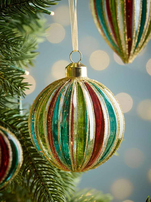 Six Multicolour Striped Glass Baubles