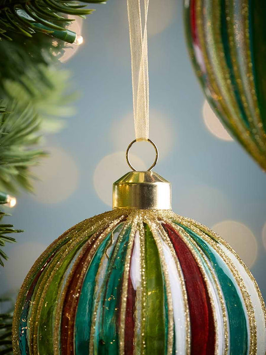Six Multicolour Striped Glass Baubles