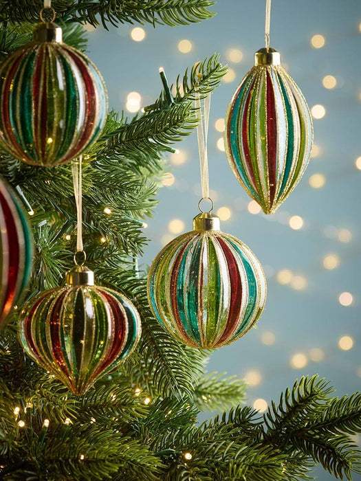 Six Multicolour Striped Glass Baubles