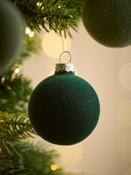 Six Flocked Glass Baubles - Green Mix