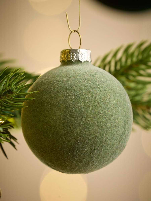 Six Flocked Glass Baubles - Green Mix