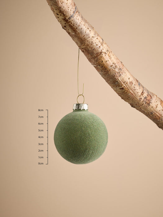 Six Flocked Glass Baubles - Green Mix