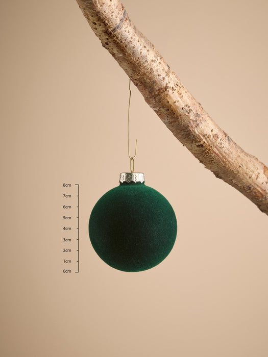 Six Flocked Glass Baubles - Green Mix