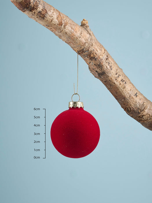Six Flocked Glass Baubles- Red Mix