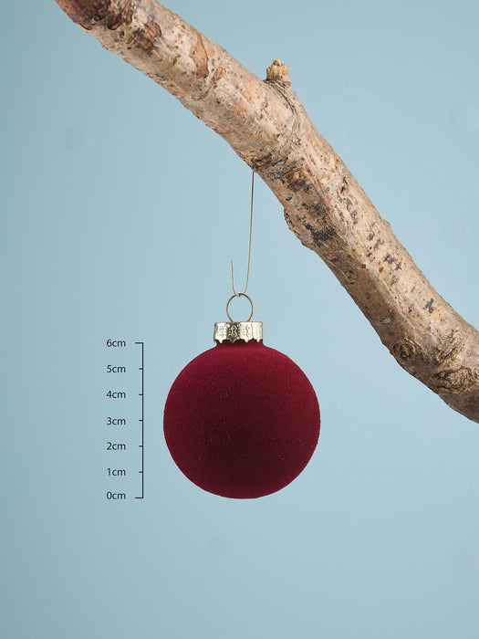 Six Flocked Glass Baubles Red Mix