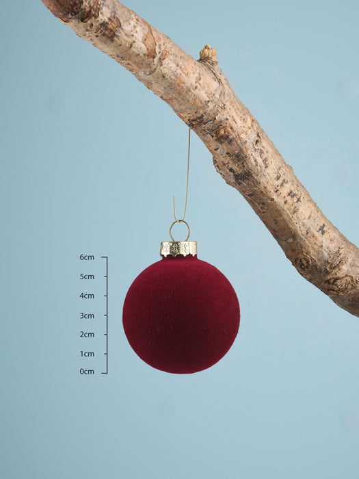 Six Flocked Glass Baubles- Red Mix