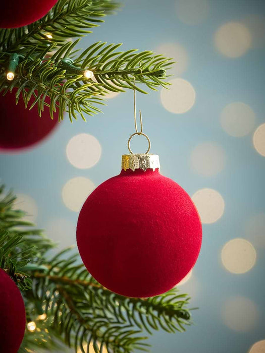 Six Flocked Glass Baubles- Red Mix