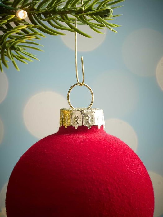 Six Flocked Glass Baubles- Red Mix