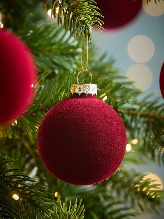 Six Flocked Glass Baubles- Red Mix