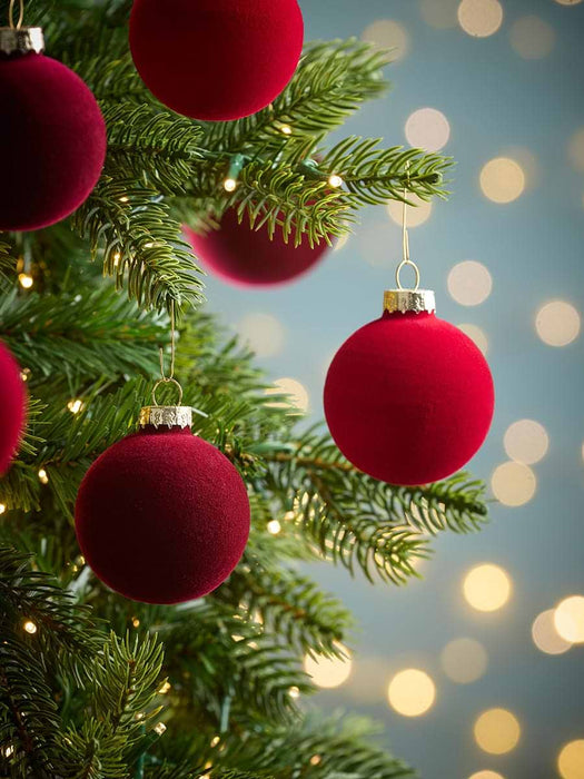Six Flocked Glass Baubles Red Mix