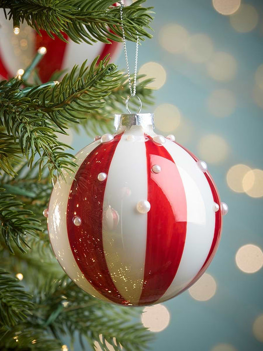 Four Jolly Stripe & Pearl Glass Baubles