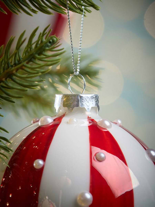Four Jolly Stripe & Pearl Glass Baubles