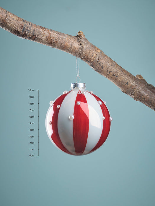 Four Jolly Stripe & Pearl Glass Baubles