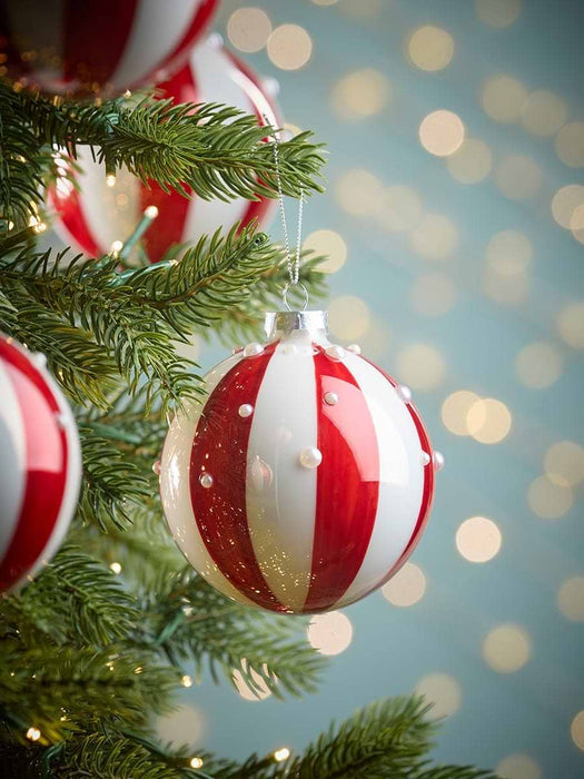 Four Jolly Stripe & Pearl Glass Baubles