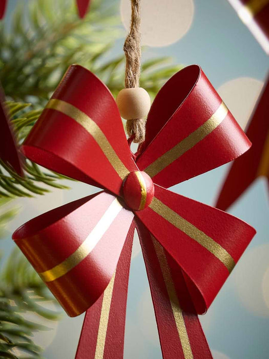 Six Red & Gold Hanging Metal Bows