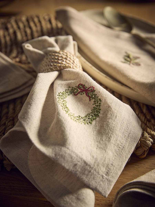 Four Embroidered Christmas Foliage Napkins
