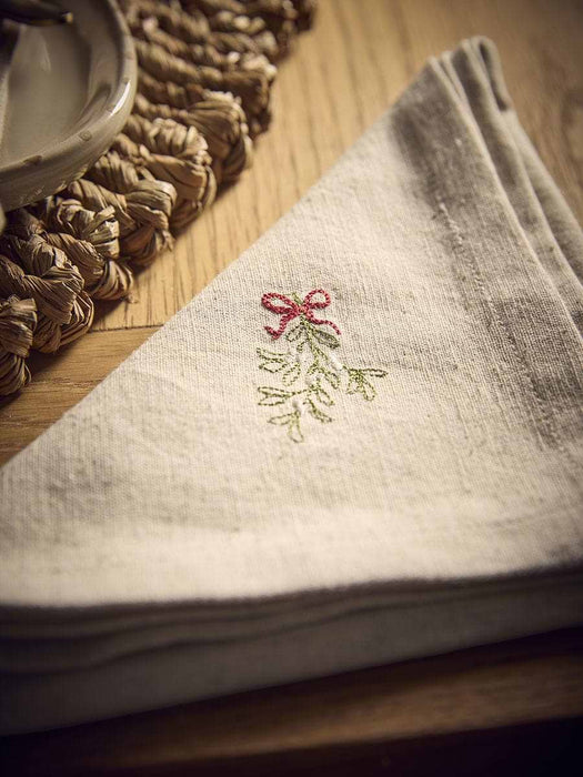 Four Embroidered Christmas Foliage Napkins