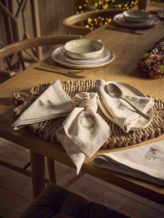 Four Embroidered Christmas Foliage Napkins