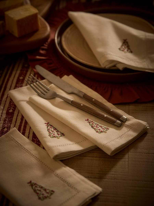 Four Embroidered Festive Tree Napkins