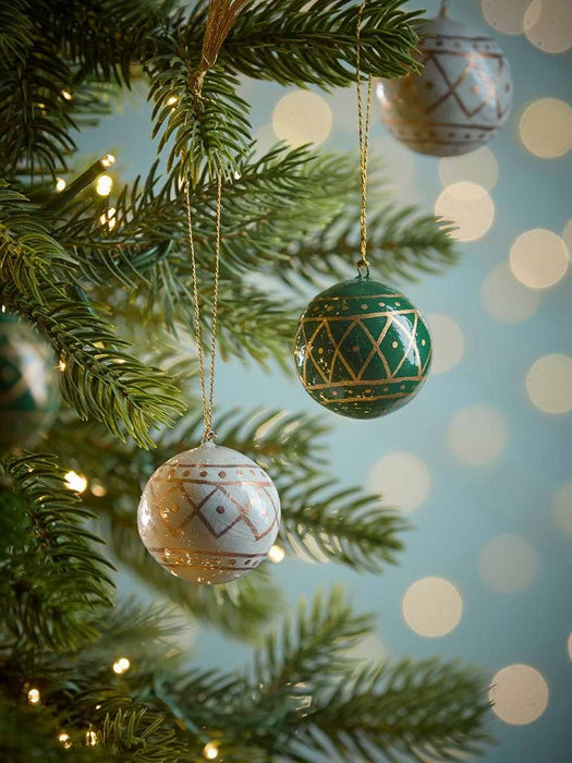 Four Paper Mache Baubles - Green Mix