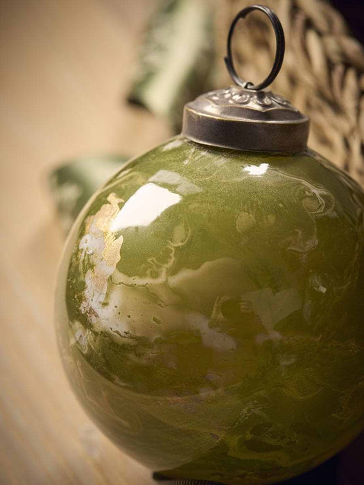 Three Beautiful Glass Marble Effect Baubles - Dark Green