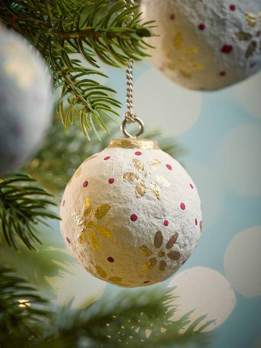 Four Handpainted Flower Paper Mache Baubles - White