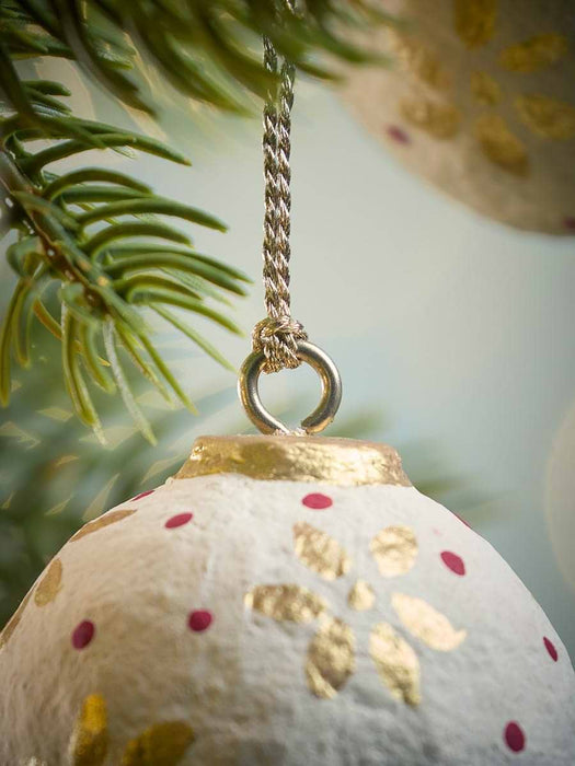 Four Handpainted Flower Paper Mache Baubles - White