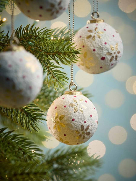 Four Handpainted Flower Paper Mache Baubles - White