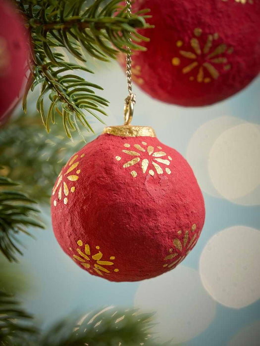 Four Handpainted Flower Paper Mache Baubles - Red