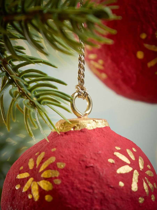 Four Handpainted Flower Paper Mache Baubles - Red