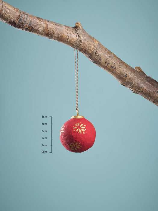 Four Handpainted Flower Paper Mache Baubles - Red