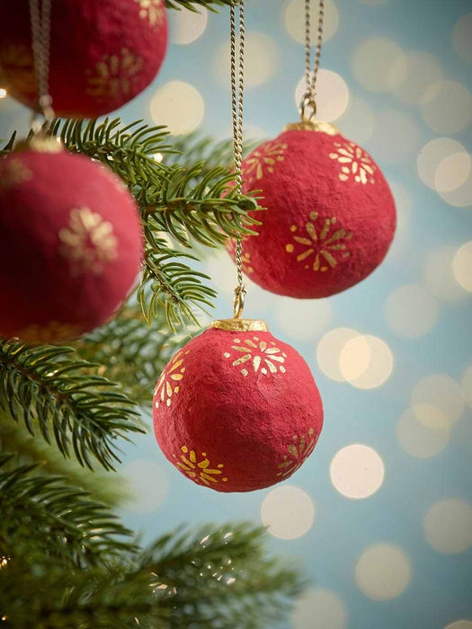 Four Handpainted Flower Paper Mache Baubles - Red