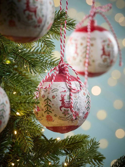 Four Rustic Noel Paper Mache Baubles