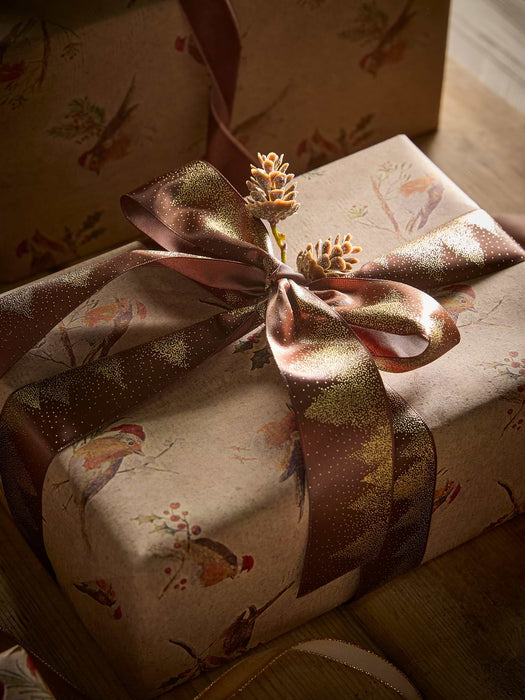 Festive Robins Grass Fibre Wrapping Paper - 5m
