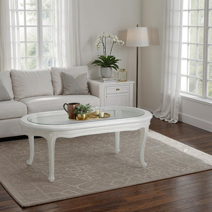 Beaulieu Antique White French Oval Coffee Table With Glass Top